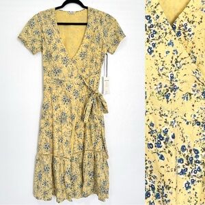 St Roche Wrap Midi Dress Women’s 4‎ Yellow Ditsy Floral Cotton Cottagecore NEW